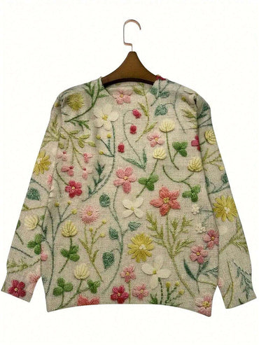 Floral Print Sweater, Casual Round Neck Long Sleeve Sweater For Women