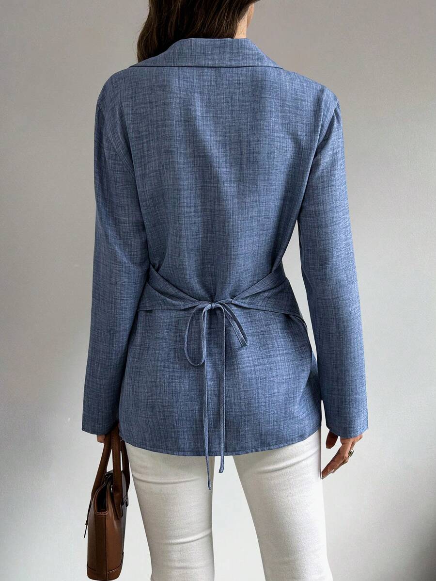 قميص شيكويز سادة متقاطع ملفوف، بلوزات بأكمام طويلة، قماش خريفي للنساء Shein