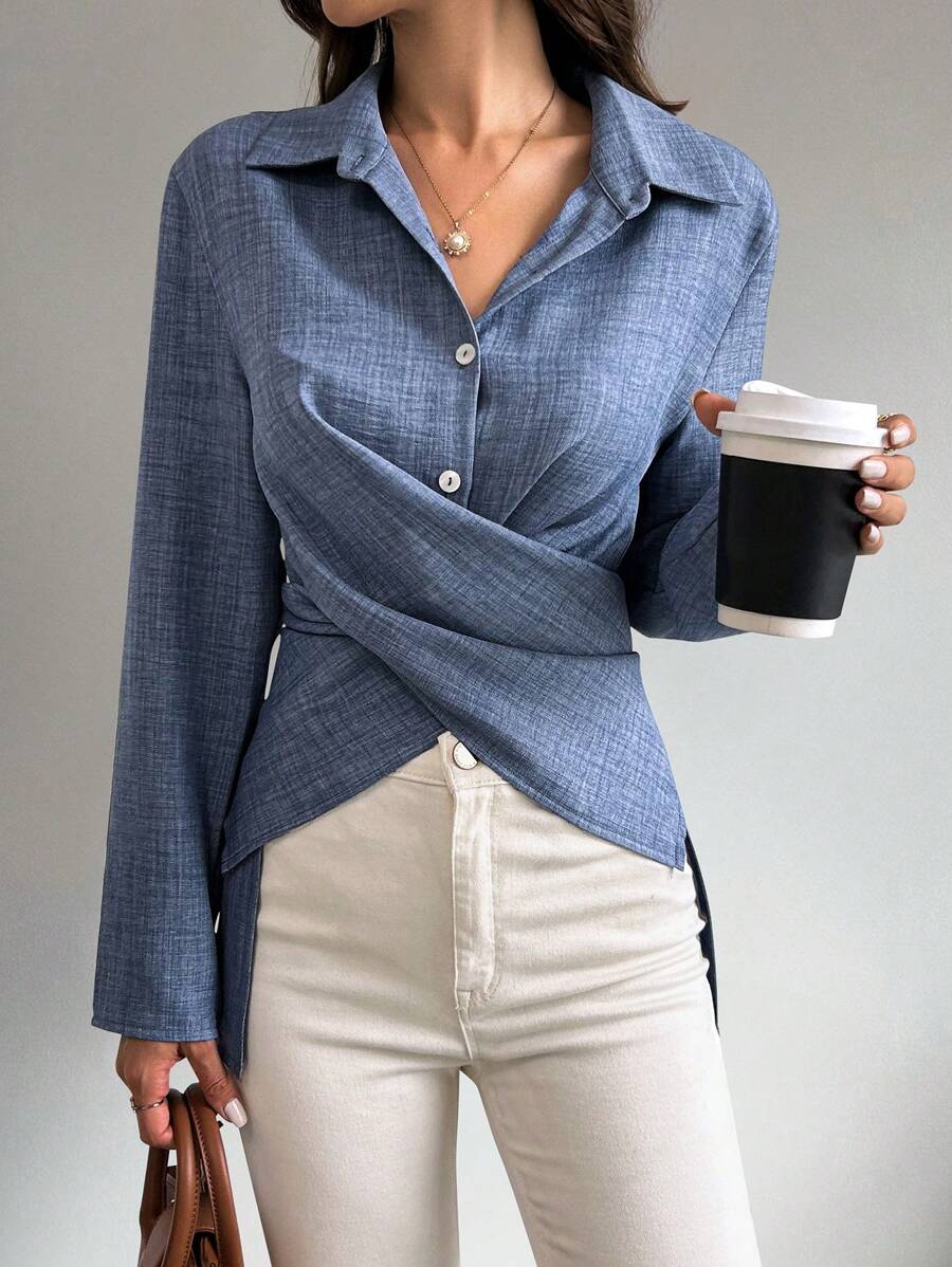 قميص شيكويز سادة متقاطع ملفوف، بلوزات بأكمام طويلة، قماش خريفي للنساء Shein