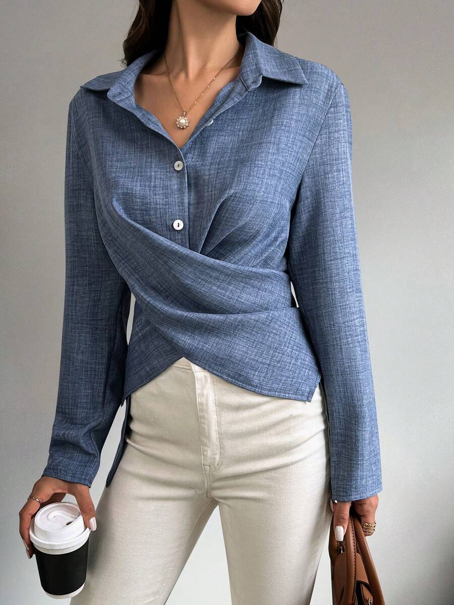 قميص شيكويز سادة متقاطع ملفوف، بلوزات بأكمام طويلة، قماش خريفي للنساء Shein