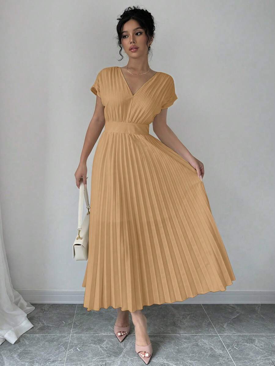 فستان إلينزجا النسائي الأنيق ذو اللون الموحد بدون أكمام وفتحة رقبة على شكل حرف V وخصر مشدود ومطويShein