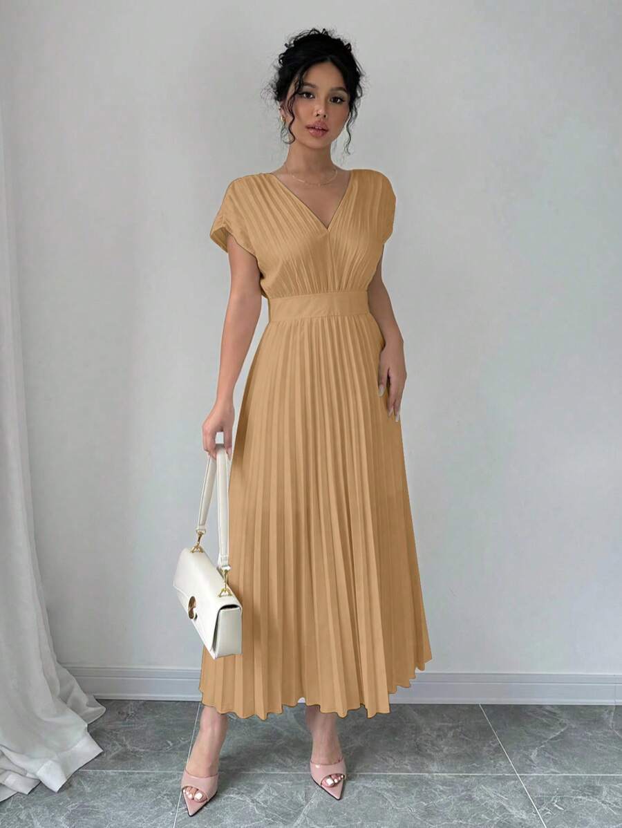 فستان إلينزجا النسائي الأنيق ذو اللون الموحد بدون أكمام وفتحة رقبة على شكل حرف V وخصر مشدود ومطويShein