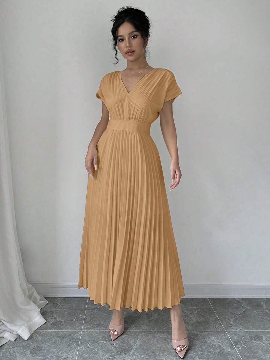 فستان إلينزجا النسائي الأنيق ذو اللون الموحد بدون أكمام وفتحة رقبة على شكل حرف V وخصر مشدود ومطويShein