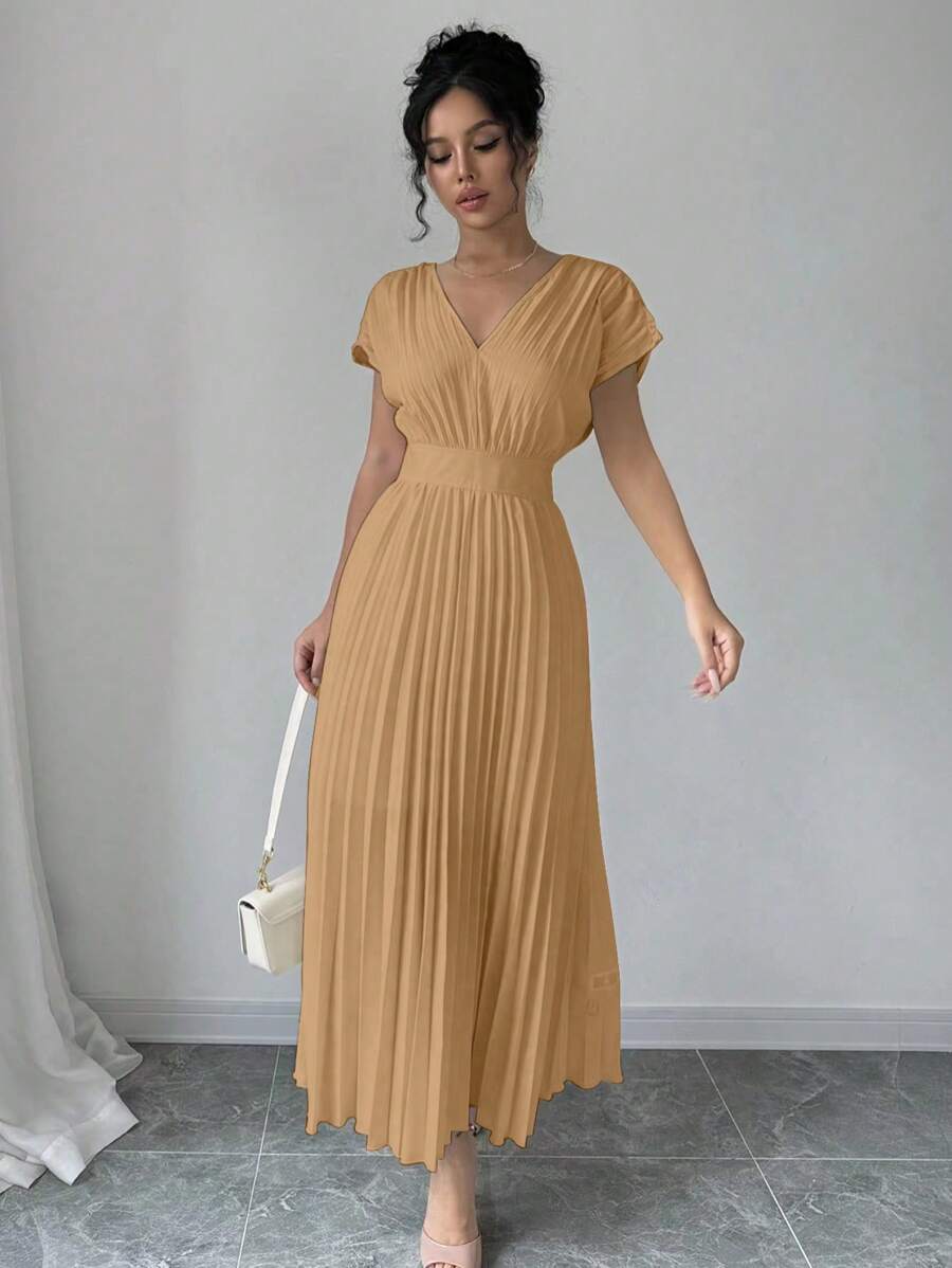 فستان إلينزجا النسائي الأنيق ذو اللون الموحد بدون أكمام وفتحة رقبة على شكل حرف V وخصر مشدود ومطويShein