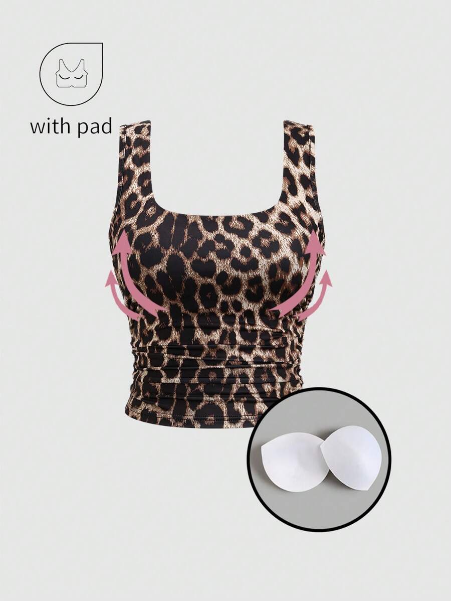 FavEase قطعة واحدة من قميص بدون أكمام كاجوال بنقشة جلد الفهد مناسب للصيف، مع حمالة صدر مدمجة