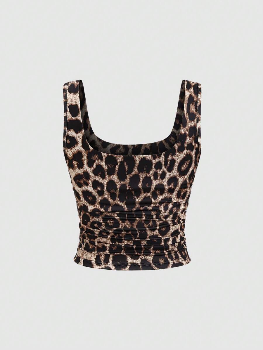 FavEase قطعة واحدة من قميص بدون أكمام كاجوال بنقشة جلد الفهد مناسب للصيف، مع حمالة صدر مدمجة