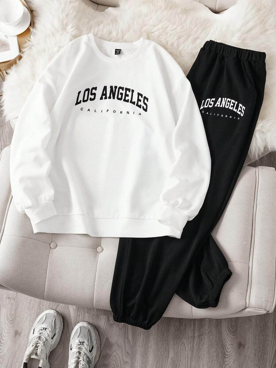 طقم سويت شيرت وبنطلون بطبعة بسيطة للنساء من Comfortcana مقاس كبير، مكون من قطعتين