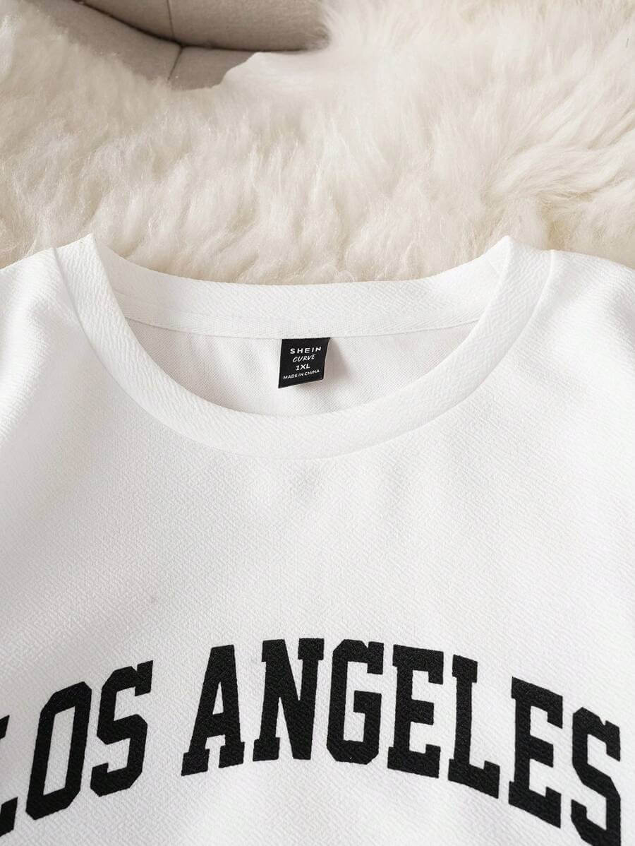 طقم سويت شيرت وبنطلون بطبعة بسيطة للنساء من Comfortcana مقاس كبير، مكون من قطعتين