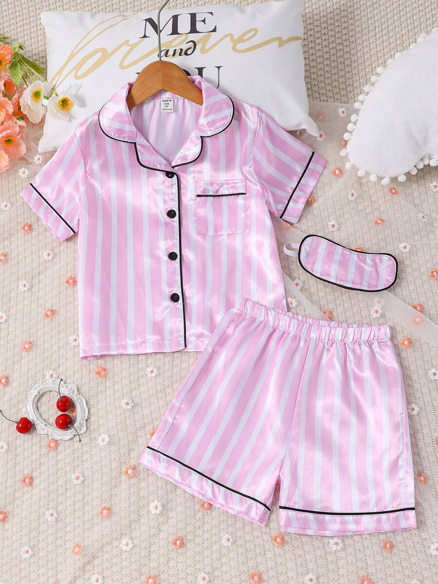 بلوزة نوم وشورت  مخطط ومطرز بخطوط متباينة للفتياتShein
