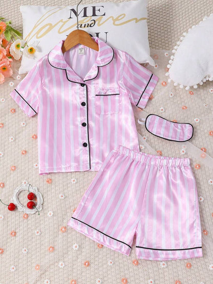 بلوزة نوم وشورت  مخطط ومطرز بخطوط متباينة للفتياتShein