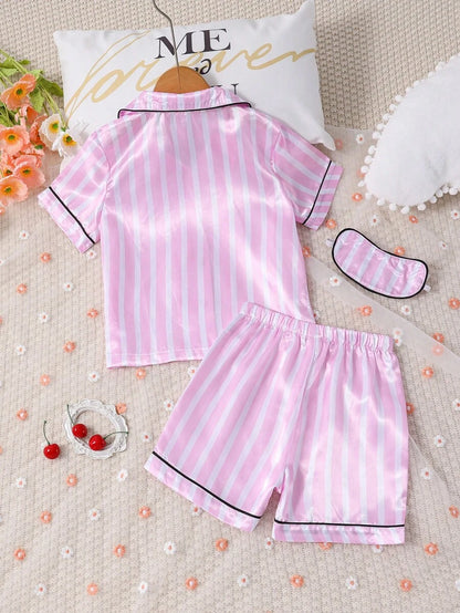 بلوزة نوم وشورت  مخطط ومطرز بخطوط متباينة للفتياتShein