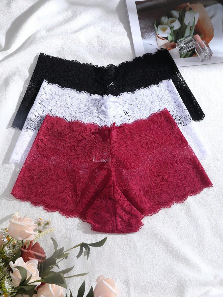 طقم 3 قطع: سراويل داخلية نسائية مثيرة بلون واحد مع فيونكة ودانتيل _ shein