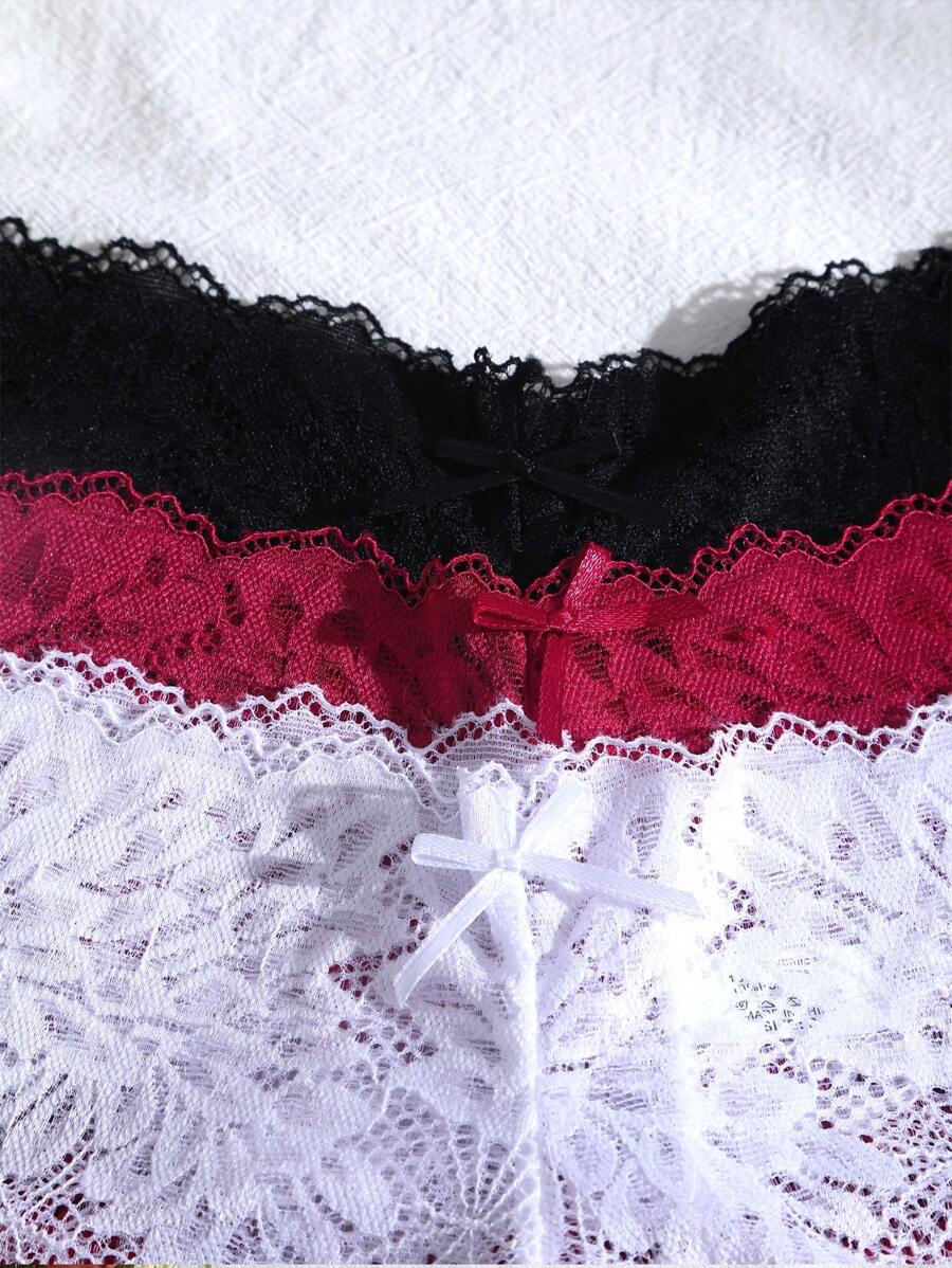 طقم 3 قطع: سراويل داخلية نسائية مثيرة بلون واحد مع فيونكة ودانتيل _ shein