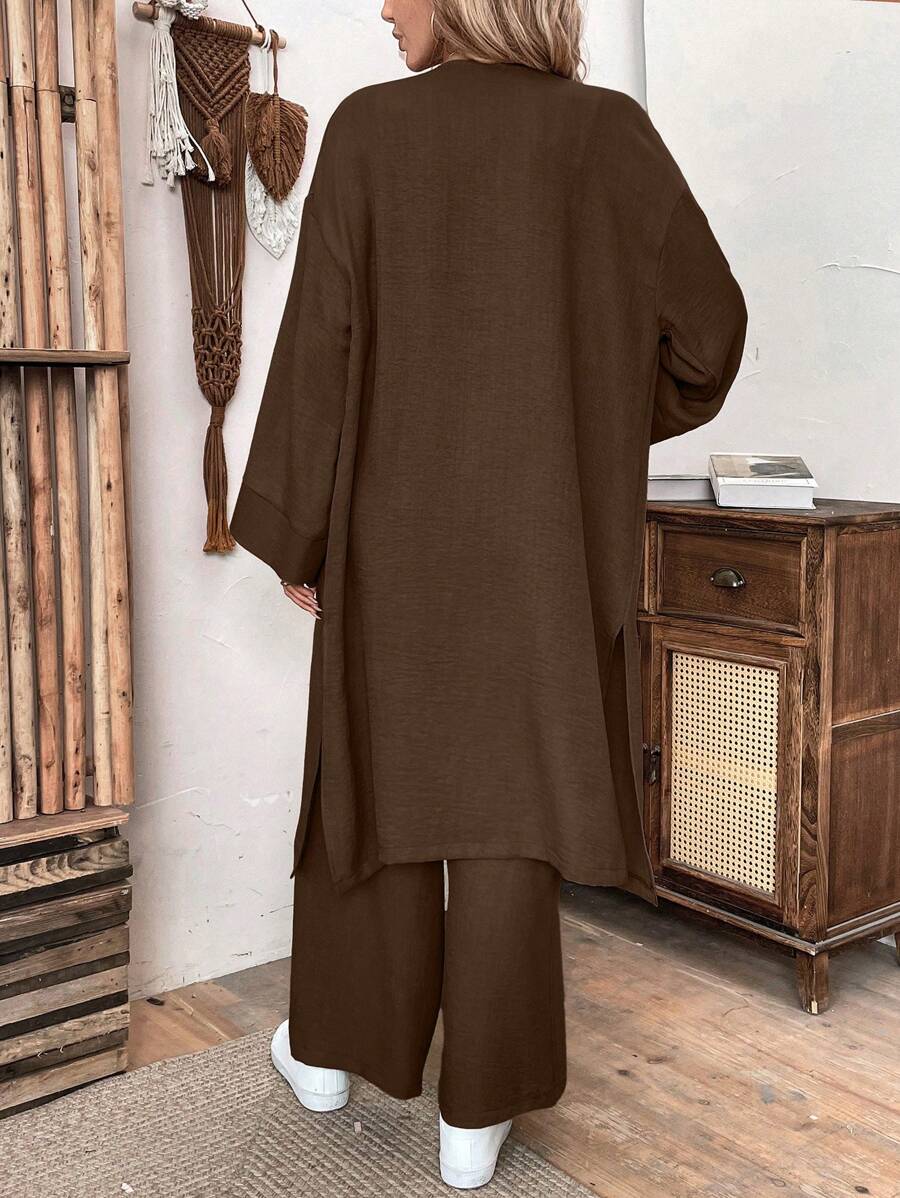 طقم نسائي من EMERY ROSE مكون من جاكيت طويل وبنطال من الكتان