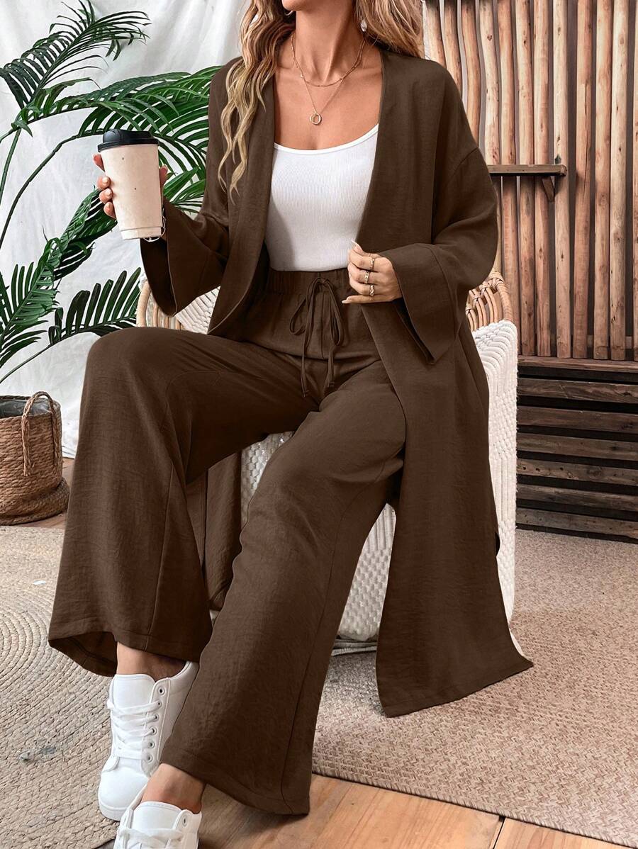 طقم نسائي من EMERY ROSE مكون من جاكيت طويل وبنطال من الكتان