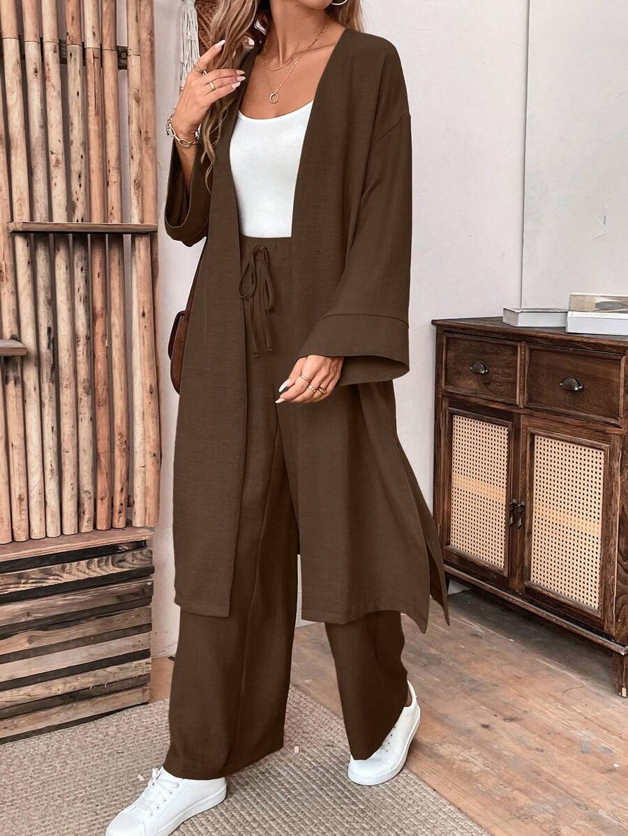 طقم نسائي من EMERY ROSE مكون من جاكيت طويل وبنطال من الكتان