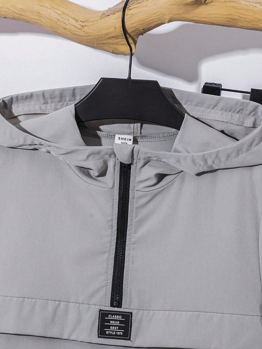 طقم شي ان للأولاد من قطعتين - جاكيت بغطاء رأس وسحاب وبنطال برباط، بتصميم رياضي كاجوال مناسب للخريف/الشتاء