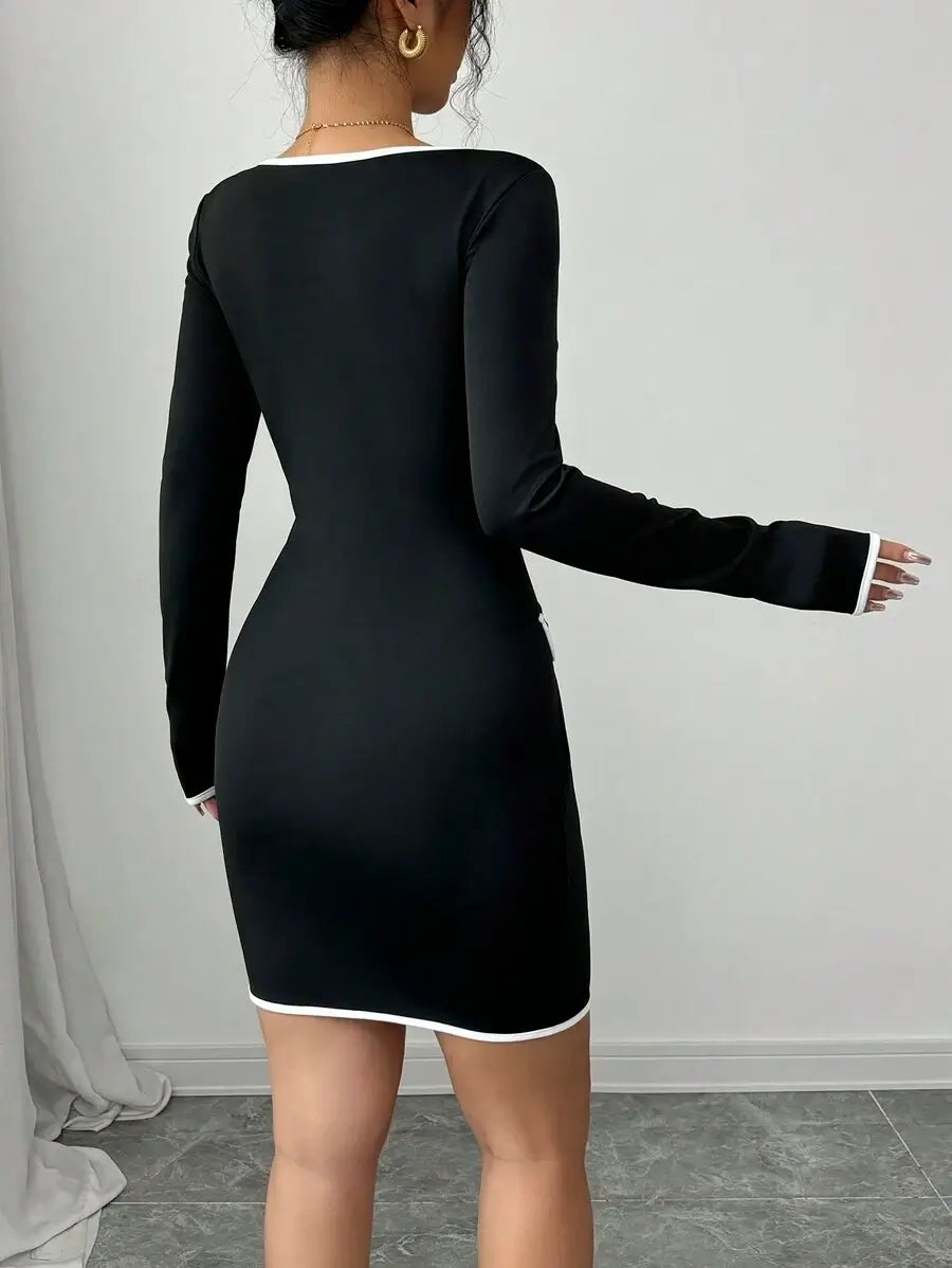 فستان إلينزجا قصير ضيق بألوان متباينة، أسود وأبيض Shein