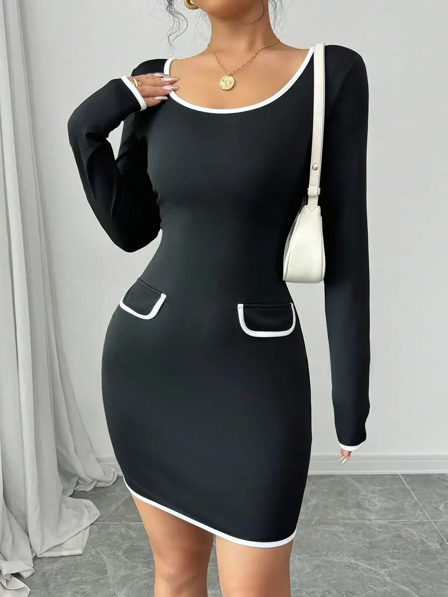 فستان إلينزجا قصير ضيق بألوان متباينة، أسود وأبيض Shein