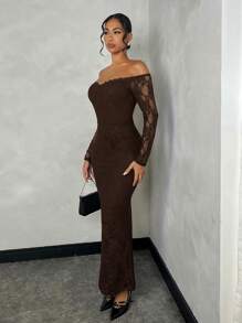 SHEIN BAE 1pc Women's Solid Black Lace Off-Shoulder Fitted Fishtail Dress