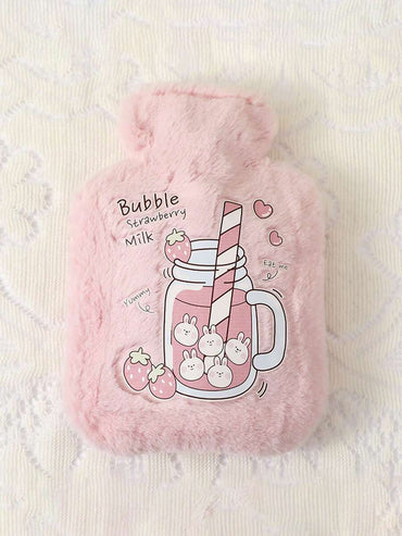 Pink Hot Water Bottle With Cover, Cute Cartoon PVC Filled Hot Water Bag With Soft Plush Cover, 250ml