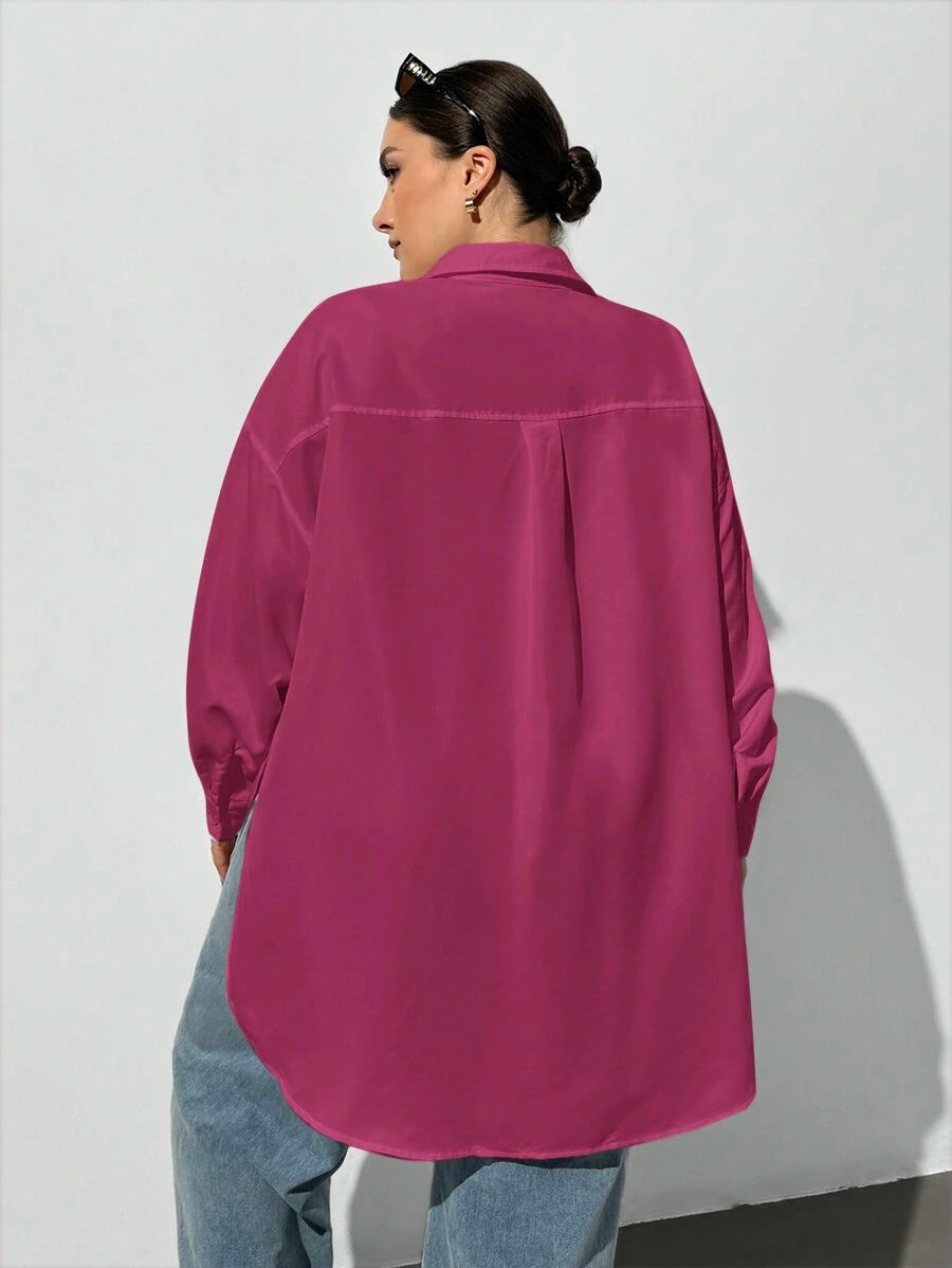 قميص بلس فضفاض وردي بأزرار طويلة الأكمام من SHEIN Essnce