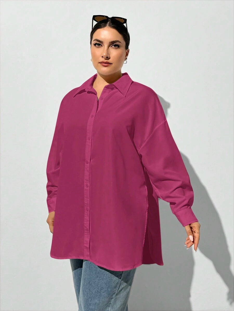 قميص بلس فضفاض وردي بأزرار طويلة الأكمام من SHEIN Essnce