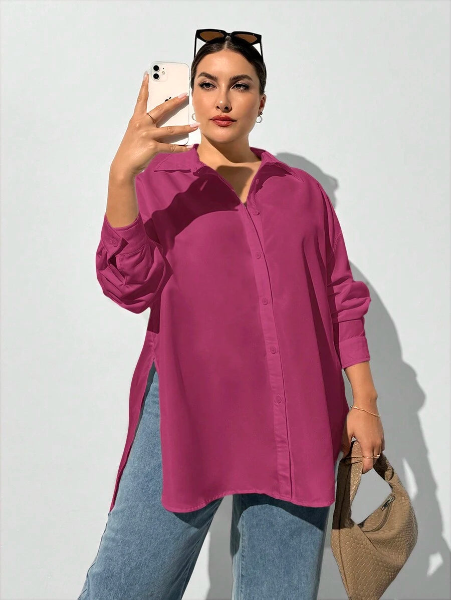 قميص بلس فضفاض وردي بأزرار طويلة الأكمام من SHEIN Essnce