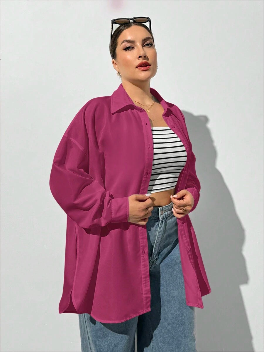 قميص بلس فضفاض وردي بأزرار طويلة الأكمام من SHEIN Essnce