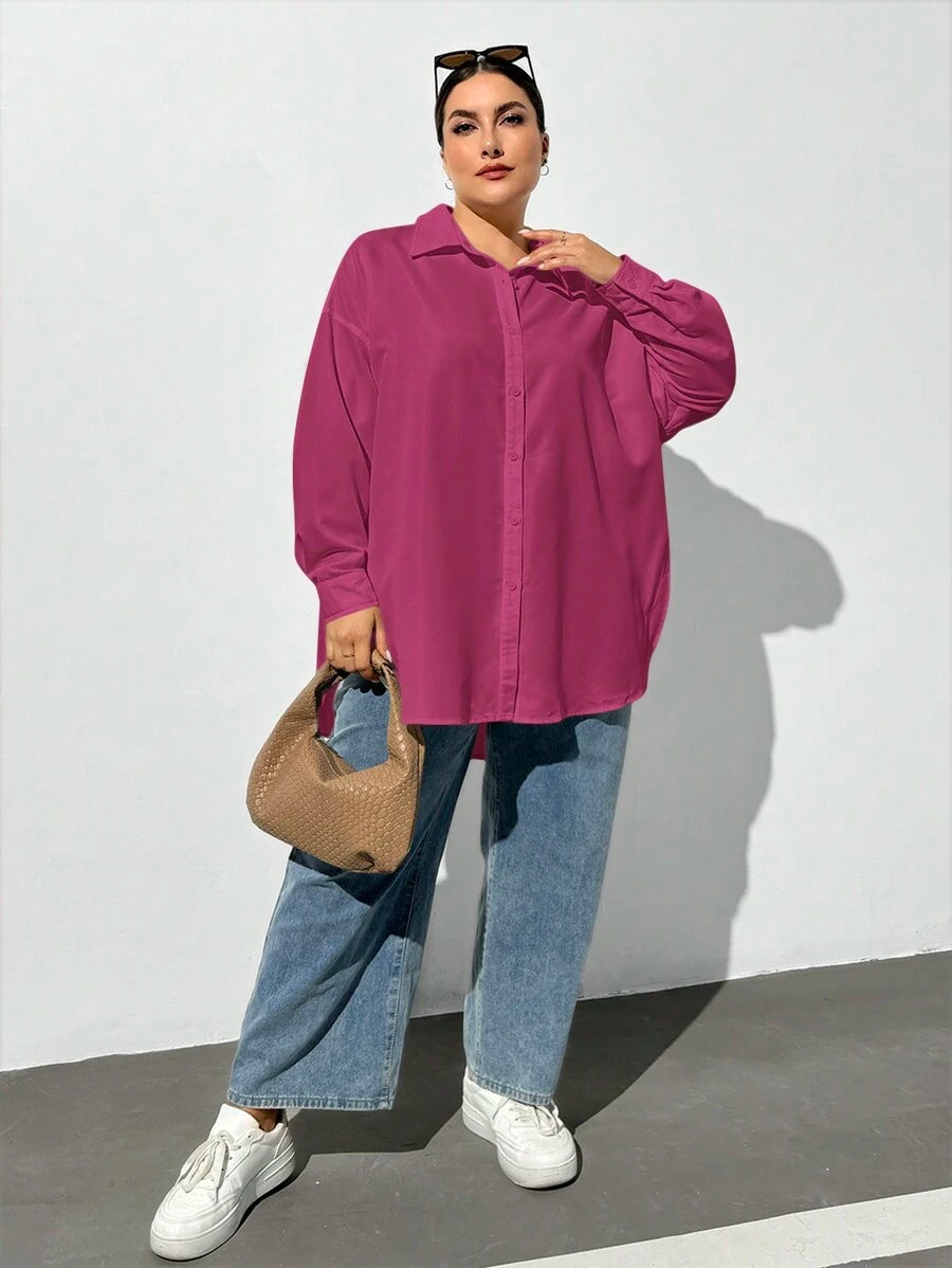قميص بلس فضفاض وردي بأزرار طويلة الأكمام من SHEIN Essnce