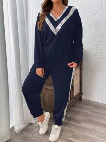 EMERY ROSE 2pcs/Set Plus Size Sequin Patchwork V-Neck Sweatshirt And Pants