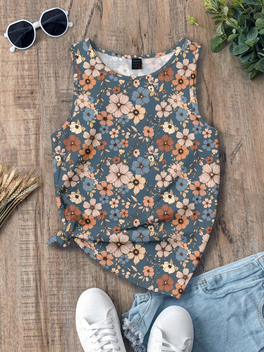 بلوزة نسائية بدون أكمام برقبة دائرية ونمط زهور عتيق من EMERY ROSE