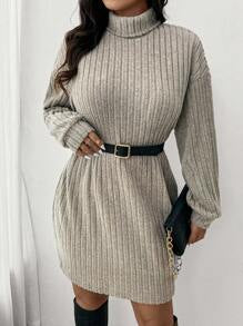 SHEIN Frenchy Plus Size Casual Turtleneck Ribbed Knit Dress In Apricot Color