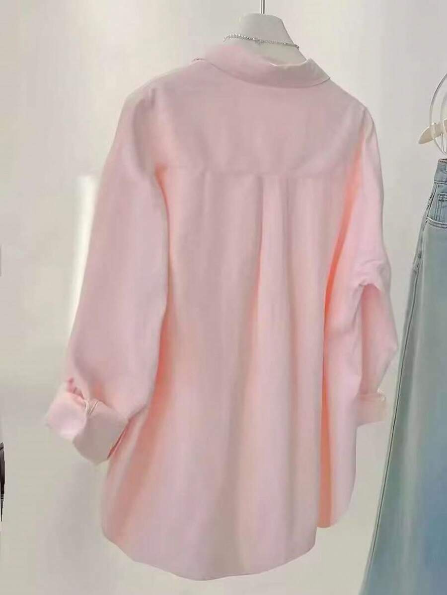 قميص نسائي كاجوال يومي مطرز بأزرار وأكمام طويلة، خريفي Shein