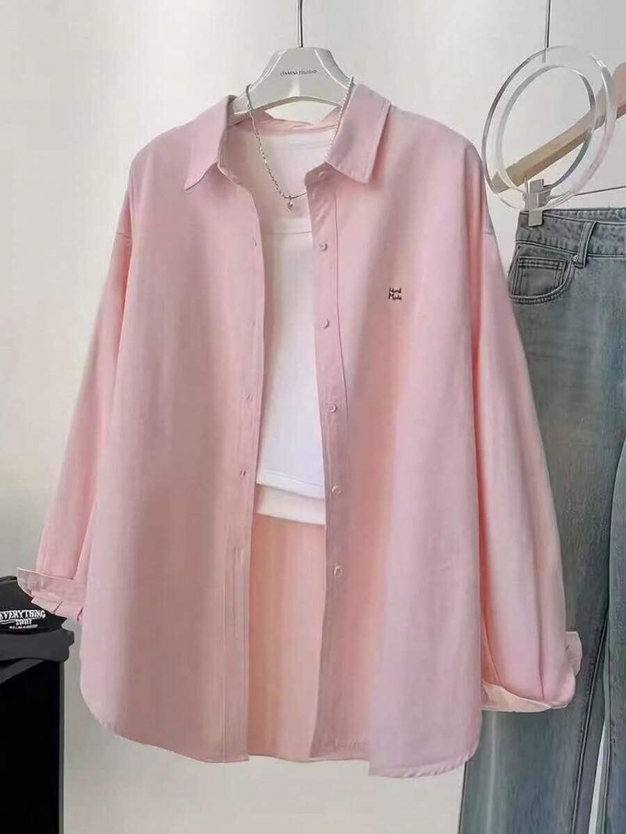 قميص نسائي كاجوال يومي مطرز بأزرار وأكمام طويلة، خريفي Shein