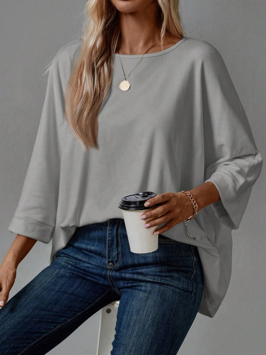 تي شيرت أساسي بأكمام طويلة ورقبة دائرية بلون سادة للنساء من إيمري Shein