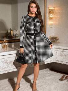 SHEIN Girlism Teen Girl Elegant Vintage Houndstooth Classic Fashion Detailed Long Sleeve Dress,