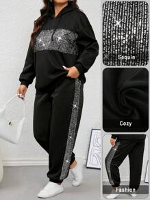 طقم نسائي (قطعتين): هودي مزين بالترتر وبنطلون مخطط بشريط جانبي من كالفايا