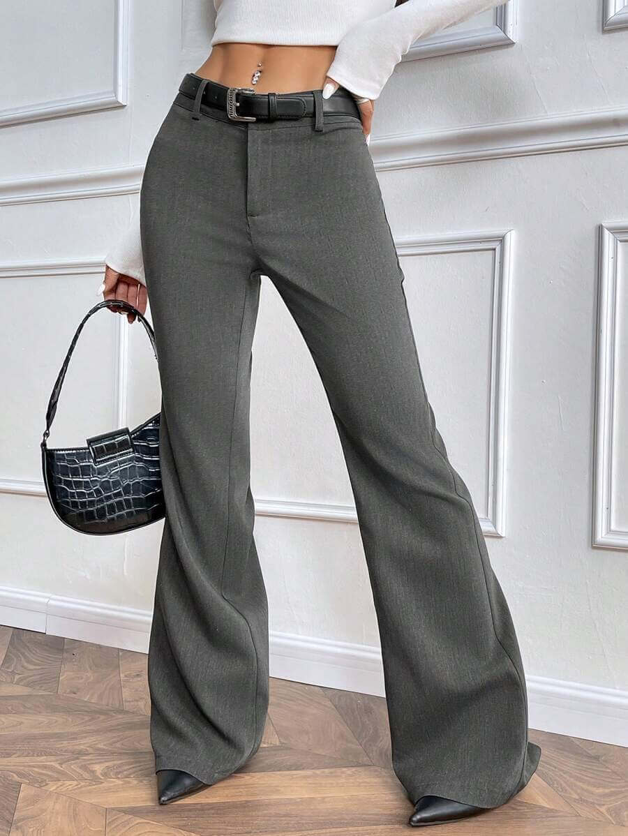 بنطلون نسائي أنيق بخصر منخفض وواسع من الأمام من Almamuse، رمادي غامق