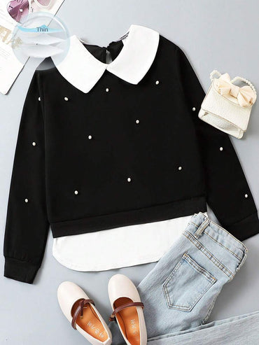 بلوزه مطرزه باللؤلؤ وياقة متباينة قطعتان في واحد من شي إن توين جيرل