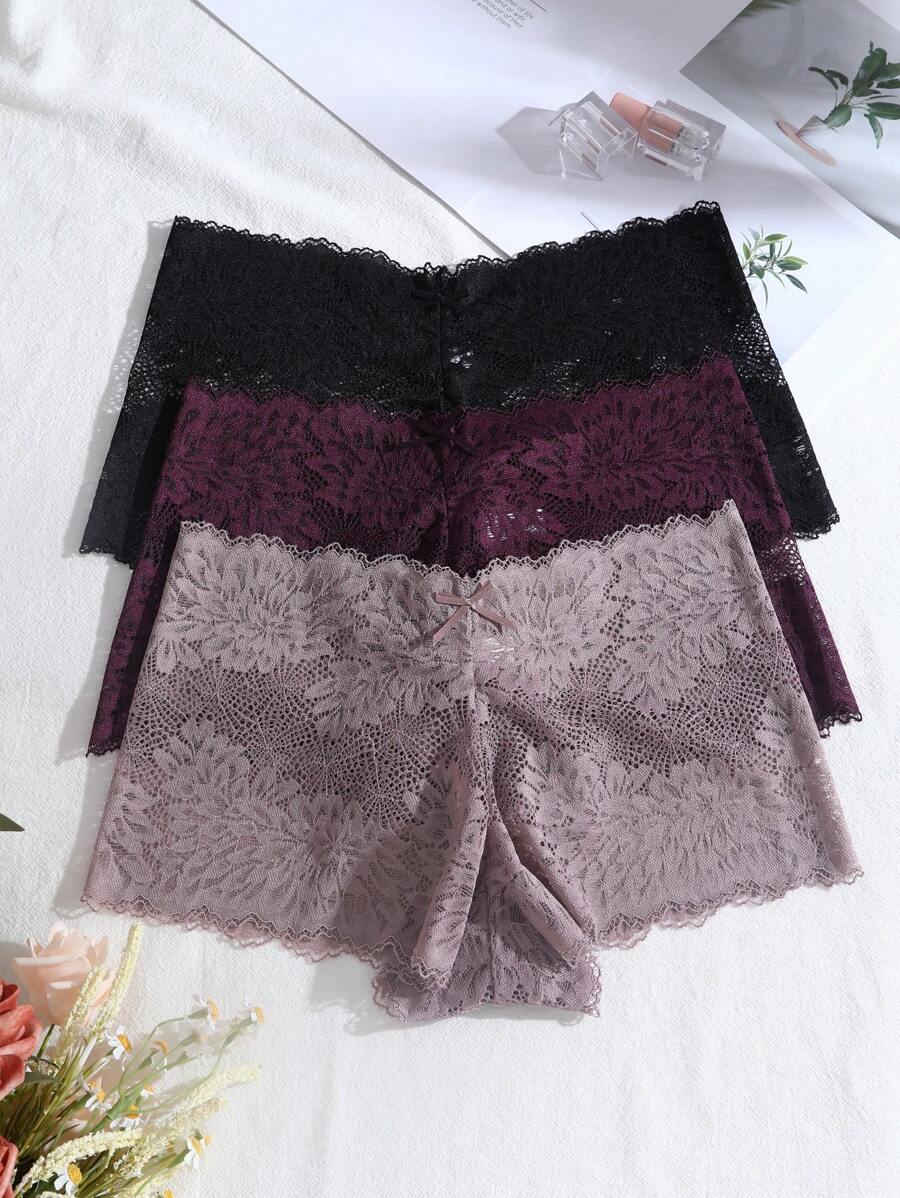 طقم 3 قطع: سراويل داخلية نسائية مثيرة بلون واحد مع فيونكة ودانتيل _ shein