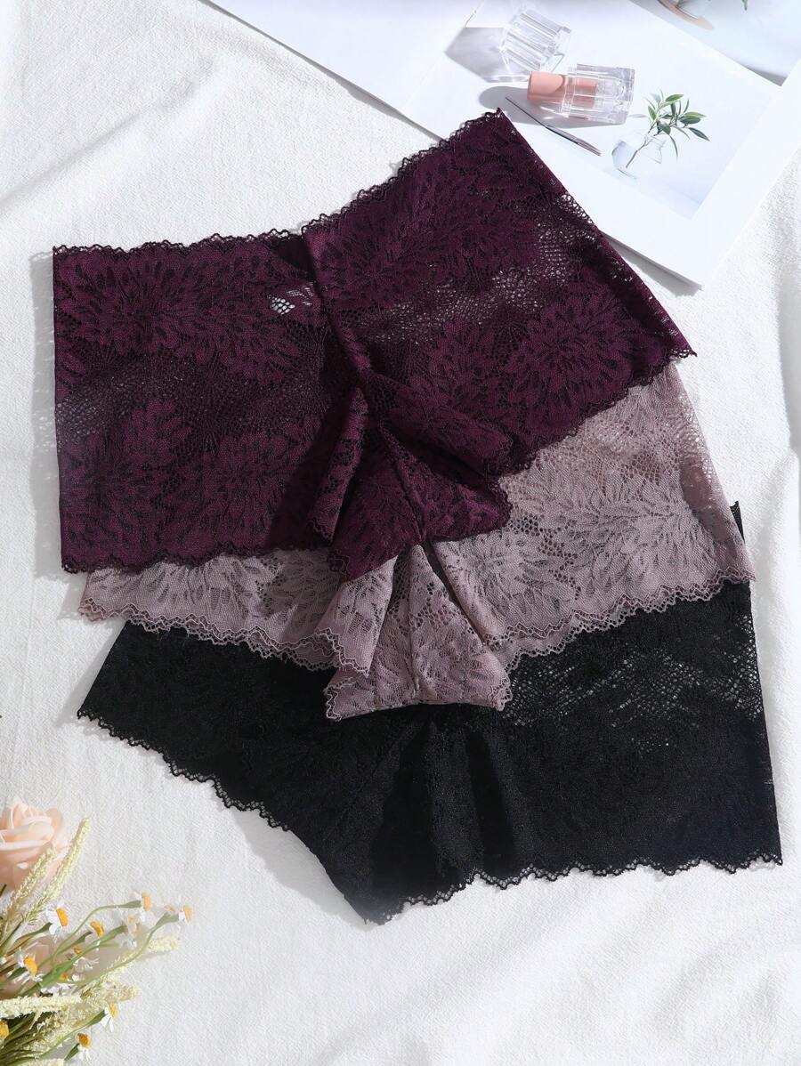 طقم 3 قطع: سراويل داخلية نسائية مثيرة بلون واحد مع فيونكة ودانتيل _ shein