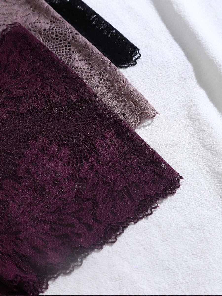 طقم 3 قطع: سراويل داخلية نسائية مثيرة بلون واحد مع فيونكة ودانتيل _ shein