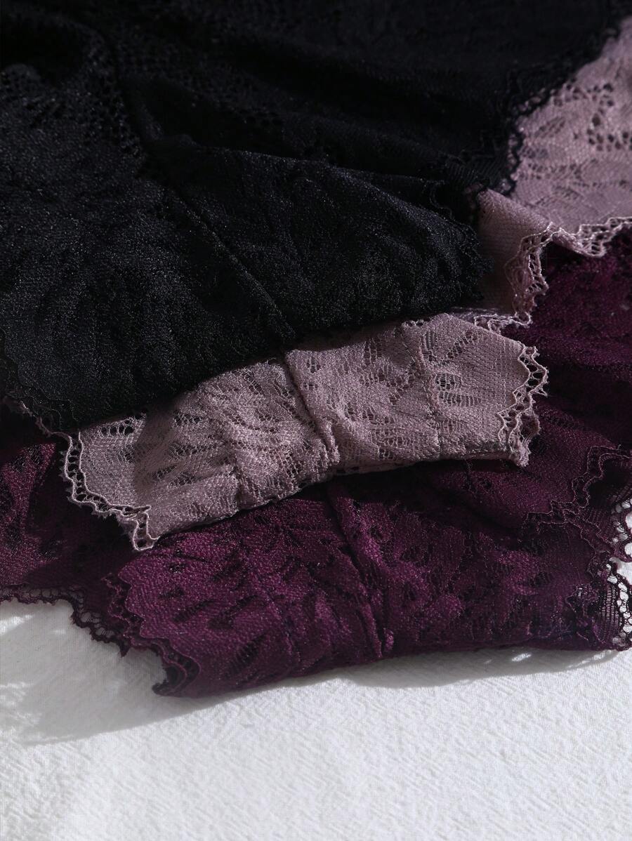 طقم 3 قطع: سراويل داخلية نسائية مثيرة بلون واحد مع فيونكة ودانتيل _ shein