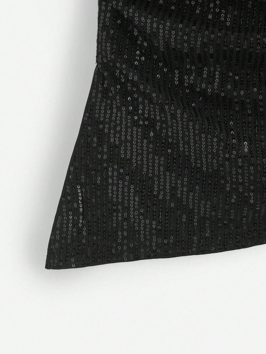 توب نسائي أسود من SHEIN EZwear بلون سادة مع تطريز لامع بالترتر