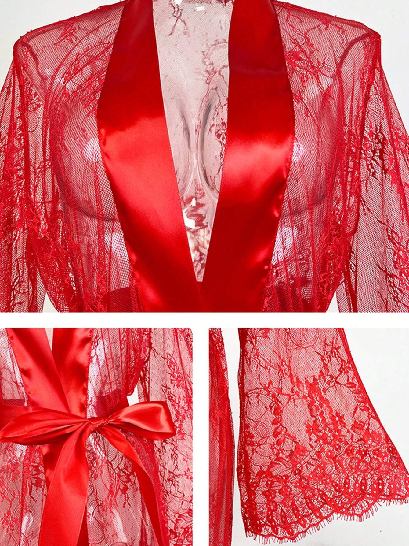 روب نسائي دانتيل شفاف مع حزام – لانجري مثير شفّاف لإطلالة جذابة، مثالي لكل يوم ولعيد الحب