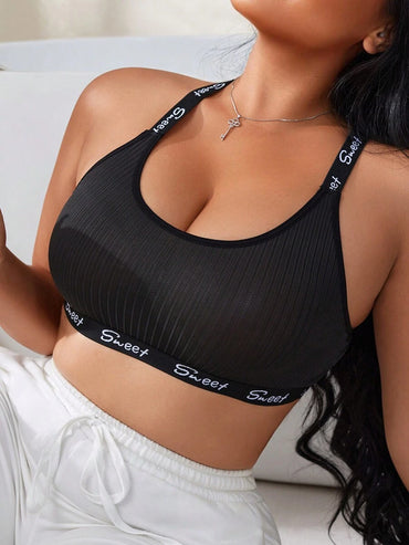 Plus Size Women's Letter Print Rib-Knit Bralette & Wireless Bra Set