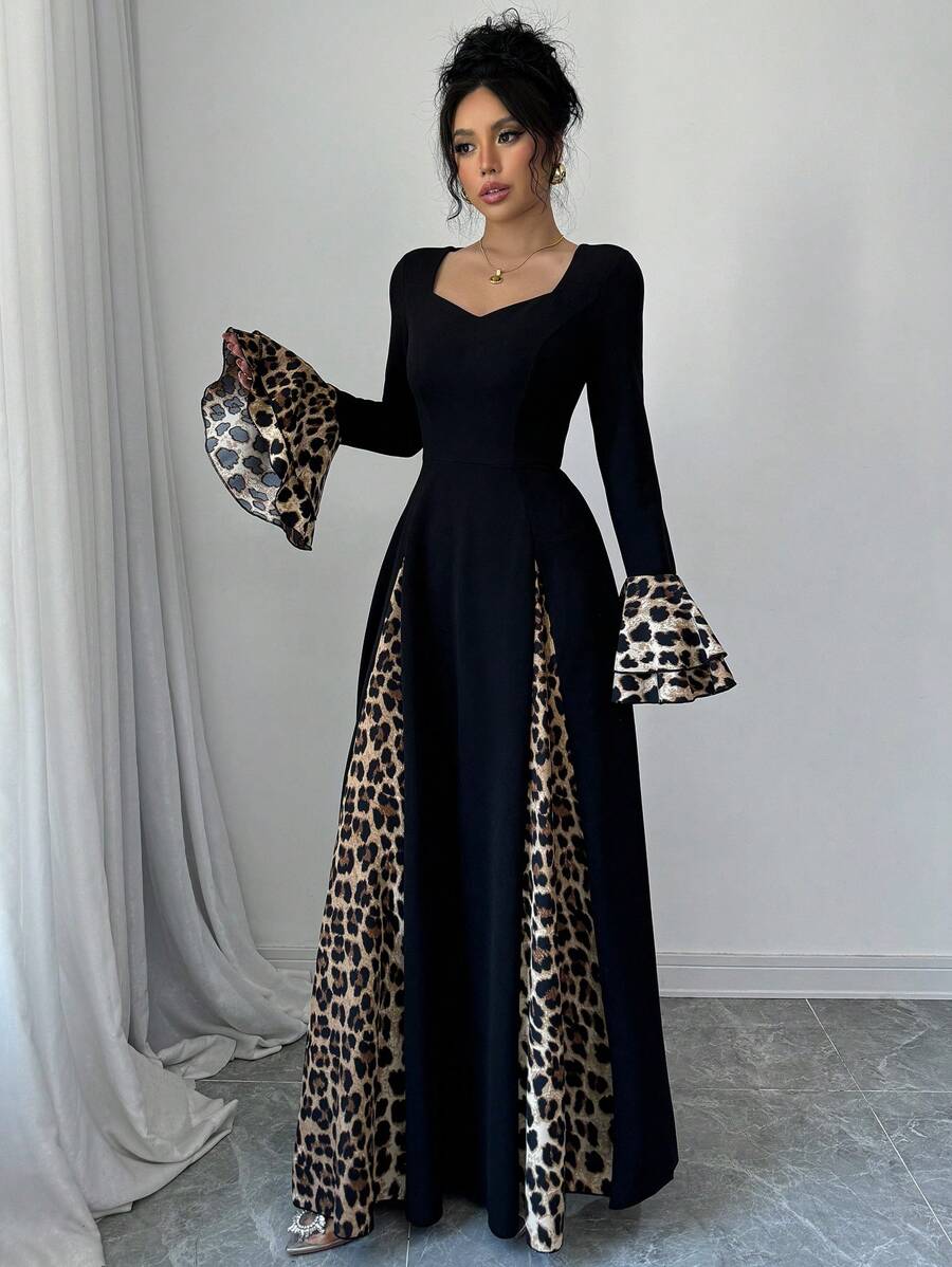 فستان نسائي طويل من Modelyn بطبعة جلد الفهد مع تصميم متباين وفتحة رقبة قلبية