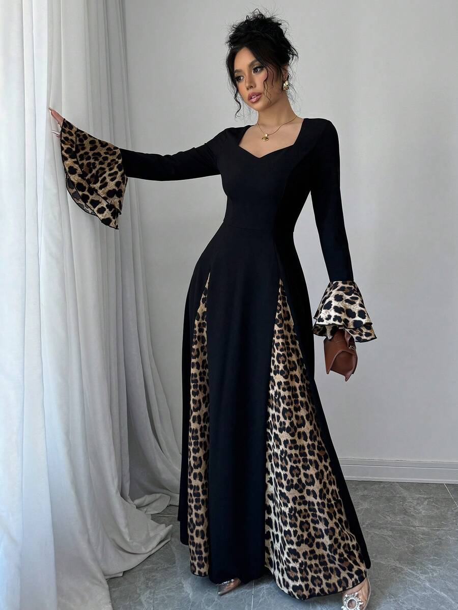 فستان نسائي طويل من Modelyn بطبعة جلد الفهد مع تصميم متباين وفتحة رقبة قلبية