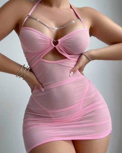 لانجيري شفاف بتصميم ضيق بياقة هالتر وسلسلة عند الصدر